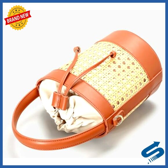 Rattan Straw Tote Bucket Bag PU Leather Summer Beach Holiday Purse Elegant Boho - Picture 4 of 7